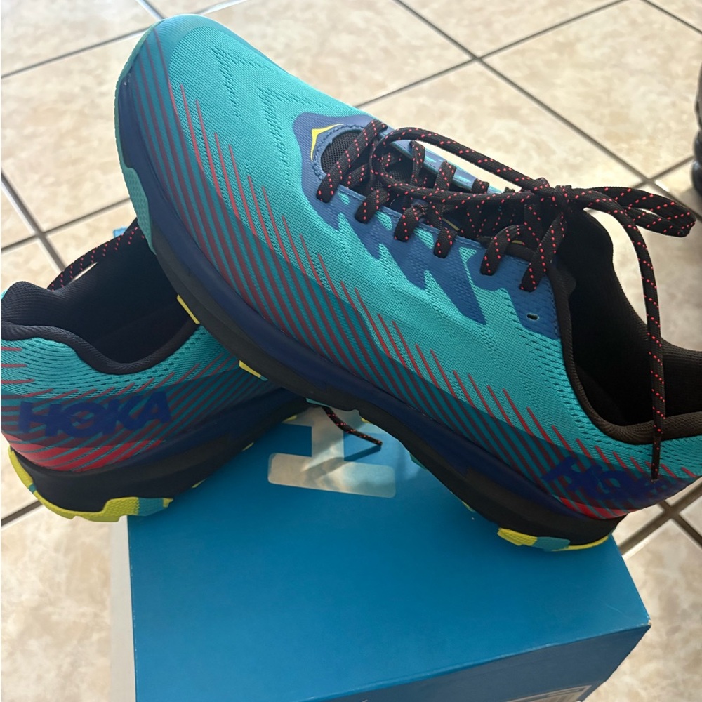 Hoka Teal and Black Athletic Shoes with Red and Yellow Accents